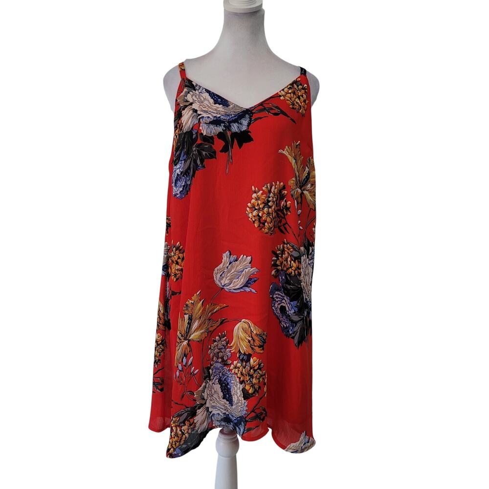 Umgee Size L Red Floral Sleeveless Shift Dress Lightweight‎ Boho Summer Sundress